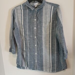 Dash Women's XL Blue Striped Button Up Shirt 100% Cotton Roll Tab Sleeve Boho